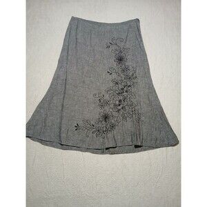 JM Collection Gray Linen Floral Black Beaded Embroidered A-Line Midi Skirt 12P